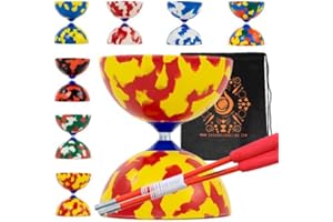 Juggle Dream Jester Diabolo Set with Fibre Sticks, Diabolo String - Pro Medium Rubber Diablo Set With Cascade Carry Bag (Red and Yellow)