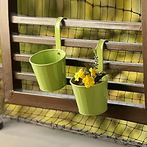 ExclusiveLane Tiny Grass Greens Garden and Balcony Decorative Metal Hanging Railing and Table Flower Planter Pot (Set of 2)