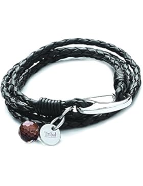 Tribal Steel, 4-strangiges Damenarmband aus schwarzem Leder, Edelstahlkarabiner mit Kristall-Charm + Scheibe,...