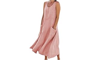 AMhomely Fancy Dress for Women UK Party Elegant Casual Solid Color Sleeveless Cotton Linen Long Dress Ladies Trendy Tunic Dresses Activewear Dresses for Vacation Cocktail Formal Work Wedding