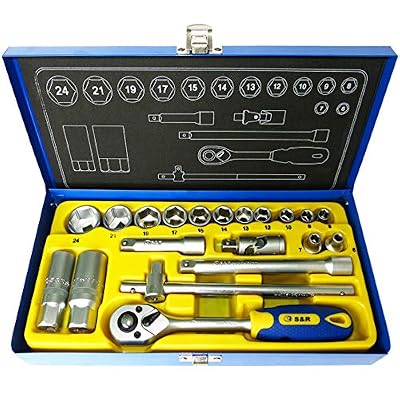 S&R Coffret Douilles 20pcs avec Clef à Cliquet 3/8" avec jeu de douilles + 2 Rallonges + Manche T + Adaptateurs bougies auto. Boite en Métal