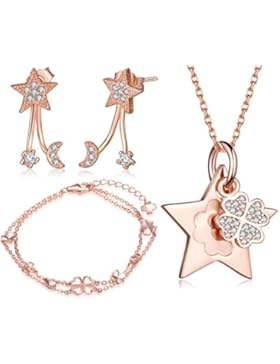 Yumilok Roségold 925 Sterling Silber Zirkonia Sterne Vierblättrige Kleeblatts Charm Armband Halskette Ohrstecker...