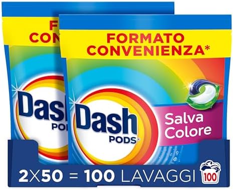 Dash Pods Detersivo Lavatrice In Capsule, 100 Lavaggi (2x50), Salva Colore, Rimuove Le Macchie, Igienizza, Brillantezza Per I Capi