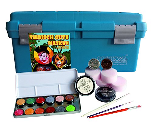 Preisvergleich Produktbild Eulenspiegel 299579 - Schminkkoffer Tiermasken, Schminkbuch, Glitzer, Schwämme, Pinsel und 14 Farben