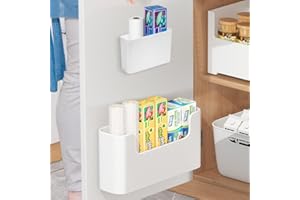 HEKOBAG 2 Pack Kitchen Cabinet Door Storage Box, Self-Adhesive Wall Mounted Storage Box Kitchen Wrap Organizer Container Kitchen Storage Organizer Small Items Organiser Storage Box for Kitchen (White)
