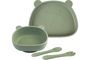 NOHLERLIFE Zestaw naczyń dla dzieci, 4 sztuki, silikonowe talerze dla niemowląt, antypoślizgowe miski z łyżeczką, widelcem, talerzyki dla niemowląt, miski z przyssawką, nie zawierają BPA, nadają się do mycia w zmywarce i kuchenki mikrofalowej