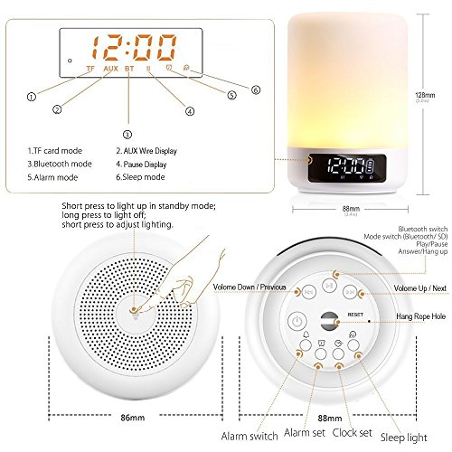 Keynice kabellosen Bluetooth Lautsprecher, Nachttisch-Lampe ,mehrfarbigem und dimmbaren,Schlummerfunktion und Wecker mit LED Zeitanzeige, Touch-Sensor, Freisprechfunktion, Gerät mit TF Kartenfunktion (weiß) - 6