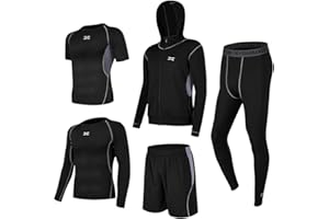 Superora 5 Piezas Conjunto de Ropa Deportiva Hombre Camisetas Pantalon Corto Deporte Ropa Secado Rápido Traje Deportivo Elástico Cremallera Suave Correr