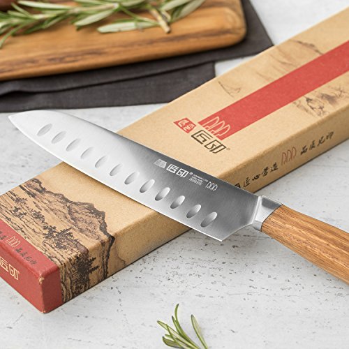 Santokumesser mit Kullenschliff 29 cm von Honway Kochmesser japanischer Art aus deutschem Klingenstahl und Messergriff aus echtem Rosenholz - 3