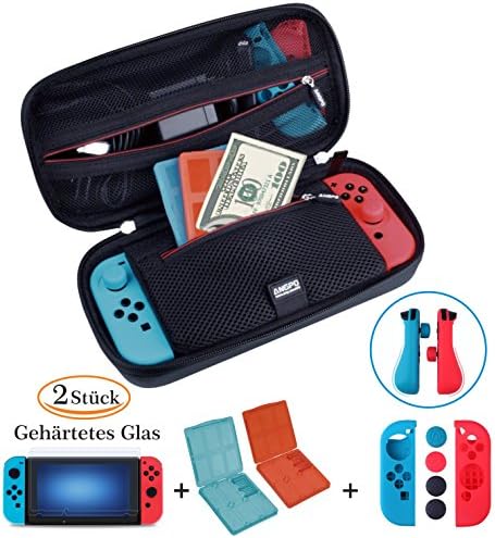 【Nintendo Switch Case Kit】 ANGPO®Nintendo Switch Case and Accessories-game bag/Screen Protector/Joy-con Protection Set/Game Card Storage Case 4in1 Set (CaseKit-Red)