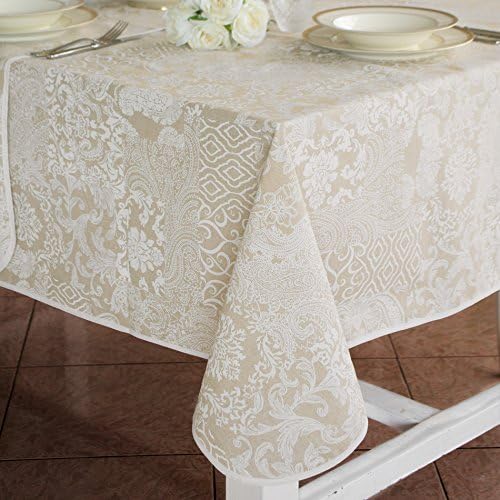 Extra Large Tablecloth , Rectangular XL Table Linen Vintage Shabby Chic Farmhouse - Patchwork Floral / Damascus - 160x280 - White / Beige - 100% Cotton