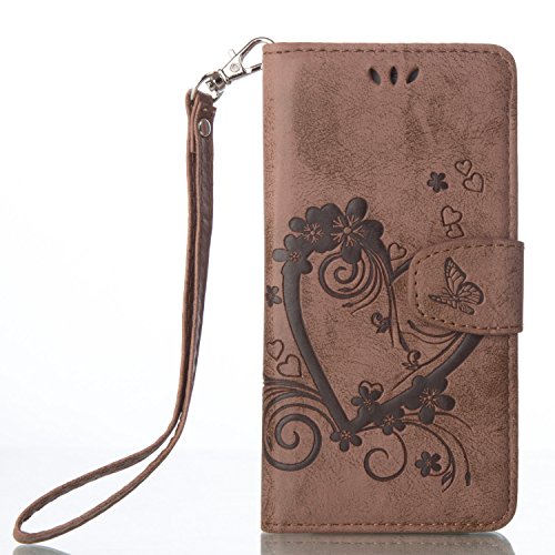 P9 Hülle,Huawei P9 Hülle,Huawei P9 Case,Cozy Hut Huawei P9 Hülle Muster,Handy Case Cover Tasche for Huawei P9, Bunte Retro Blumen Herz der Liebe Muster Druck Buch-Stil Bookstyle Flip Magnetverschluss Brieftasche Geldbörse Wallet Kreditkarte ID Card Slots PU Leder Beschützer Haut Schutzfolie Schutzhüllen Case Tasche Hülle Etui Schale Ständer Hülle Case mit Weich TPU Innere Hülle Case für Huawei P9 - braun