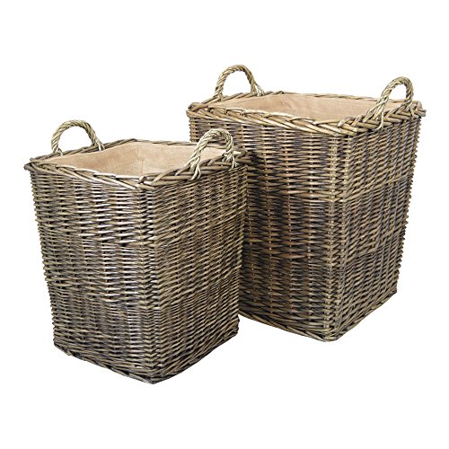 Wovenhill | Set of 2 Square Log Baskets | Handmade Bronze Wicker Storage Boxes | Medium & Large