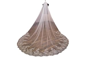 SHTGOI 3M Long Voile de Mariée Église Mariage Voile de Mariée Tulle Bord Appliques Voile avec Peigne Dentelle Paillettes Tulle Souple pour Mariée Studio Photo Robe De Mariée Accessoires Blanc Pur