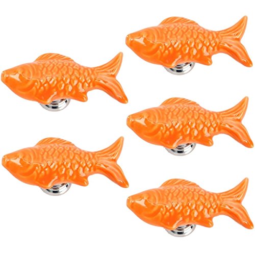 Yahead5pcs Ceramic Door Knobs Cute Fish Shape Pulls Handle for Door Cabinet Closet Drawer Cupboard Dresser Wardrobe Furniture Kitchen Orange