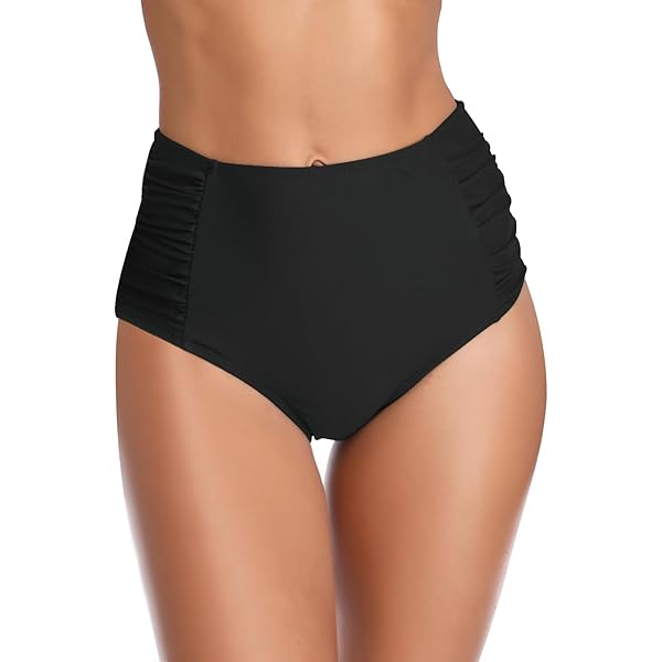 SHEKINI Zwemshort met hoge taille voor dames, retro buikweg, zwart, bikinibroek, buikcontrole, ruches, klassieke zwembroek, grote maat, zwart C, 3XL