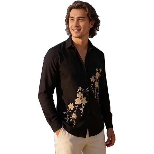 slim fit dress slacks Men's Black Shiny Printed Button Up Long Sleeve Dress Shirt Black / MD
