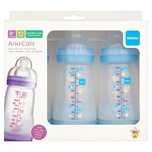 MAM Anti Colic Self-Sterilising Bottle Blue 260ml 3 per pack
