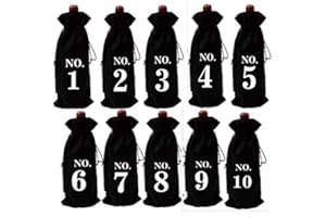 FülleMore 10 Stück Kordelzug Weinbeutel Blindverkostung Weinflasche Jutebeutel Sackleinen Geschenkbeutel Geschenktüten Weinprobe 1-10 Zahlen Flaschentüten Jutesäckchen 35x15cm (Schwarz)