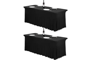 FXKS 2 Stück Spandex Tischröcke,183 x 76cm Schwarz Stretch Tischdecke mit Rock Waschbare Tischrock für 6Ft Rechteck Tische, Einziehbare Tischabdeckung für Hochzeiten Bankette Messen