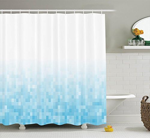 Minsoku House Decor Collection, Sea Ocean Diamond Squares Image and Shapes Monochromatic Design Pattern, Polyester Fabric Bathroom Shower Curtain, 84 Inches Extra Long, Light Blue White