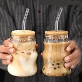 KiKiluxxa Round Green Tea Coffee Glass Cup Mug Can Sipper with Lid and Straw-510ml-1pcs Only- Fruit Juice Milk Glass Tumbler 