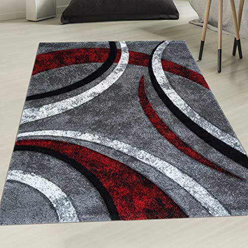 Détails Sur Tapis Moderne Tapis De Salon Motif Géométrique Abstrait En Gris Rouge