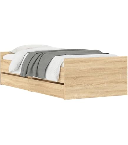 VidaXL Bettgestell Räuchereiche 75x190 Cm – Einzelbett Mit Kopfteil, Lattenrost, Stauraum, Ohne Matratze