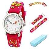Kinderuhr Vinmori, Wasserdichte Quarzuhr mit süßer 3D-Karikatur, Geschenk für Kinder,Jungen und Mädchen Schmetterling-Rosa