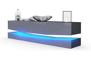 Vladon Mueble TV City, Cómoda TV con Elemento Inferior, 1 Compartimento Abierto y 3 Cajones, Negro Mate/Gris de Alto Brillo, incluida iluminación LED (178 x Variable x 39 cm)