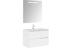 Baikal Mueble de baño Gavin, 2 cajones, suspendido en Pared. Incluye Lavabo cerámico. Varios Acabados. Se Entrega Montado. con Espejo 80 cm Blanco