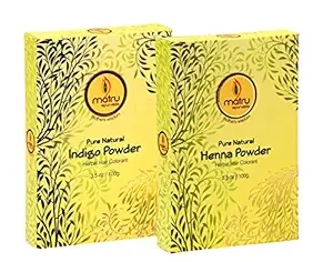 Matru Ayurveda Mehndi / Henna(100gms)+Indigo(100gms) Powder Ayurvedic/ Herbal Hair and Beard Dye/Color Kit. 100% Pure and Natural; Chemical Free Hair and Beard Color/Dye; Covers Gray Hair, (single)