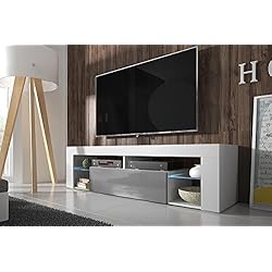 Selsey Hugo - Meuble TV (140 cm, Blanc Mat / Fronts Gris Brillant avec l'éclairage LED)