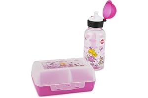 Emsa Kids Set mit Prinzessin-Motiv, Trinkflasche + Brotdose, 400 ml auslaufsichere Flasche, Dose mit verschiebbarer Trennwand, Pink, 518137, Princess