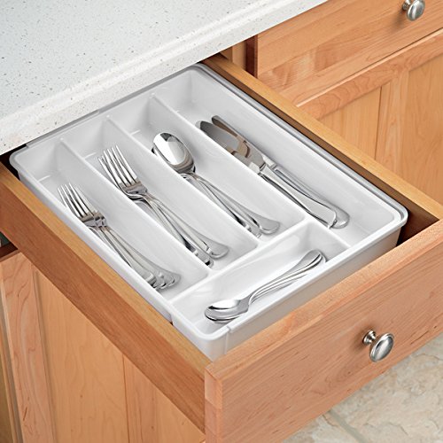 mDesign rutschfester Besteckkasten mit sechs Fächern – Ausziehbarer Besteckeinsatz für Schubladen ordnet Küchenutensilien – Schubladen Organizer für diverse Utensilien nutzbar – Farbe: Weiß - 2