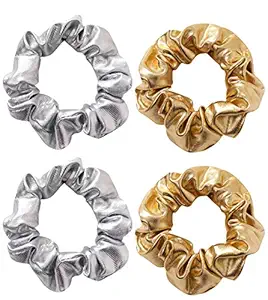 4 Pack Metallic Gold and Silver Bright Cloth Hair Scrunchies Hair Bobbles Elastics Ponytail Holders Hair Wrist Ties Bands Scrunchies for Show Gym Dance Party Club Girl Women
