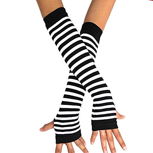 lansue Strisce Orizzontali Braccio scaldamani Guanti Senza Dita allungate Guanti muffole, Schwarz/Weiß