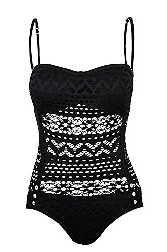 Hooch Tech Damen Badeanzug Badekleid Tankini Schwimmanzug mit abnehmbaren Schulterriemen Einteiler Push Up Schwarz Spitzen Badanzüge