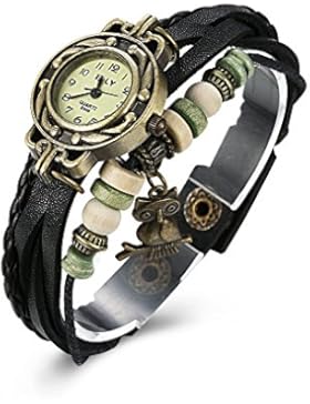 iLove EU Damen Armbanduhr Retro Niedliche Eule Leder Armkette Armband Analog Quarz Uhr Watches Schwarz