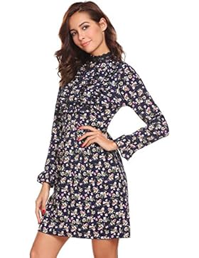 Chigant Damen Knielang Blumenkleid langarm Abendkleid mit Blumenmuster Hohe Taile Partykleid mit Saum