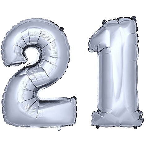 DekoRex ® Folienballon Zahlenballon Luftballon Geburtstag Deko 40cm Silber Zahl: 21