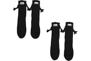 Hokuto 2 Pairs Magnetic Hand Holding Socks, Cute Kawaii Couple 3D Holding Hand Doll Sports Cotton Mid-Tube Socks Men Women (Black+Black)