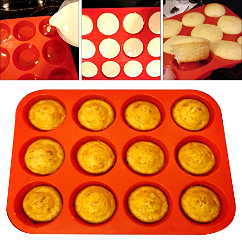Philonext Silikon Muffinform, rote 12er Cupcake Backform / antihaftbeschichtet / spülmaschinenfest / mikrowellensicher - 3