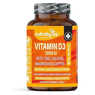 Vegan Vitamin D3 2000iu With Magnesium Calcium & Zinc Supplement, Advanced Immunity Support, Strong Bones & Teeth, Muscle Recovery, Sleep Better,180 Vegan Capsules, 3 Months Supply, Uk Nutrabytes