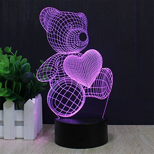 Liebe Herz Bär 3D Optische Illusions-Lampen, FZAI Tolle 7 Farbwechsel Acryl berühren Tabelle Schreibtisch-Nachtlicht mit 150 cm USB-Kabel für Kinder Schlafzimmer Weihnachten Geburtstagsgeschenke - 6