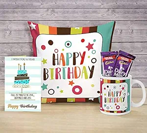 TIED RIBBONS Birthday Gifts Combo for Girlfriend Boyfriend Girls Boys Friend (Coffee Mug, Cushion Cover with Filler (12 X 12 Inch), Greeting Card and Chocolates)