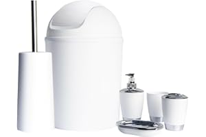 WAY BETTA 6pc Bathroom Accessories Set Bin Soap Dispenser Dish Toothbrush Tumbler Toilet Brush Holder Modern Vanity Organiser Kit For Home & Hotel (White)