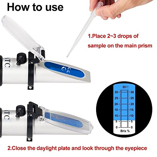 Zucker Brix Refraktometer, GOCHANGE Honig Refraktometer 0 ~ 32%,Hand Refraktometer mit ATC, Pipette, Schraubendreher, Reinigungstuch und Aluminium Kunststoff Gehäuse, Detektor für Zucker im Zusammenhang Flüssigkeiten - 4