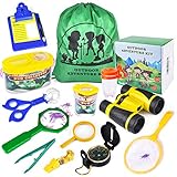 HONKID Set Jumelles pour Enfants, Jouets d'explorateur Extérieur 20 en 1, Kit Exploration d'enfants avec Télescope Binoculaire Boussole Loupe Sifflet Sac à Dos pour Camping et Randonnée