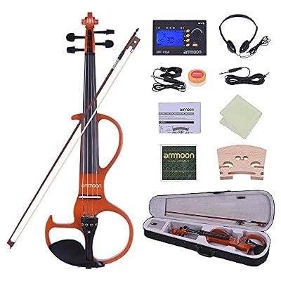 ammoon Violon Électrique Taille Totale 4/4 Bois Massif Fiddle Style-3 Ebony Fingerboard Pegs Chin Rest Tailpiece (Orange)